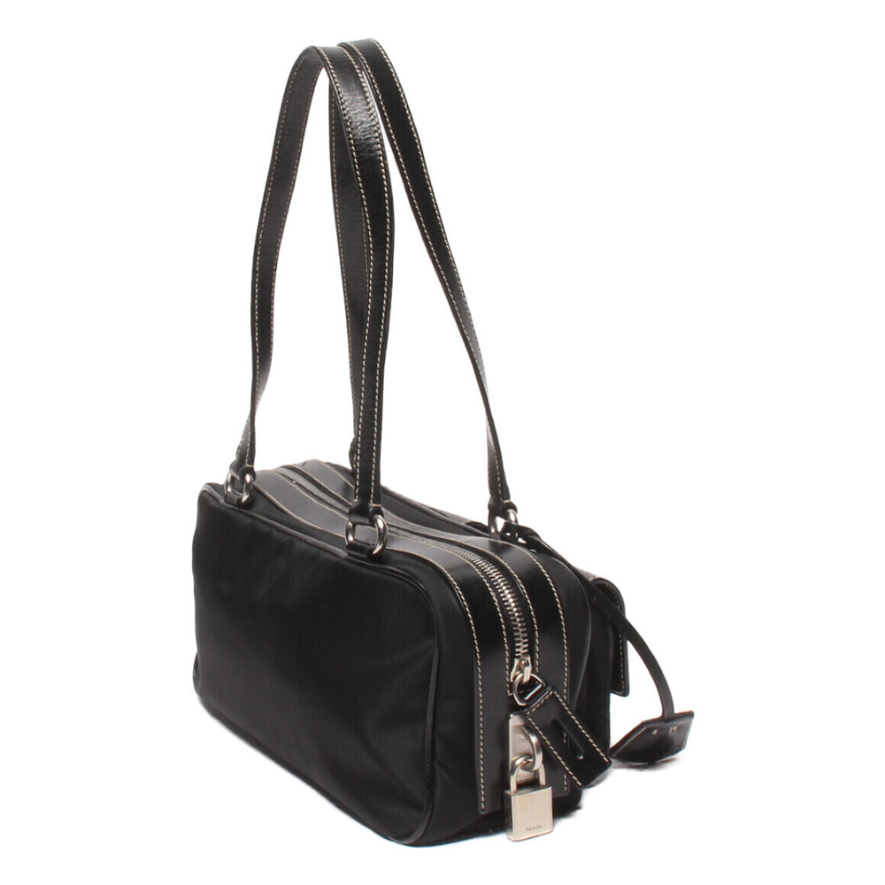 Prada Tessuto shoulder bag leather trim exterior buckle pockets Black - Picture 2 of 6